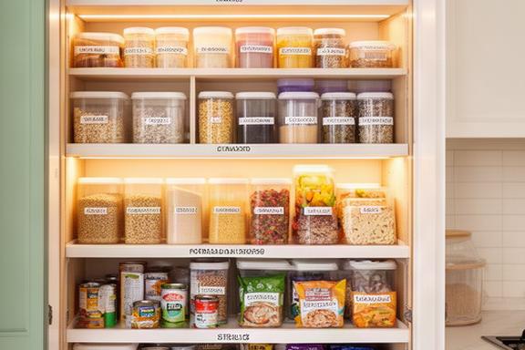 Despensa de cocina pequeña con estantes organizados por categorías y contenedores etiquetados