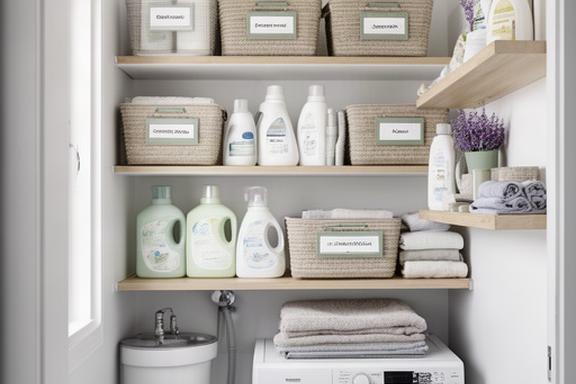Lavadero pequeño con estanterías compactas, canastos etiquetados y productos de limpieza ordenados por categoría