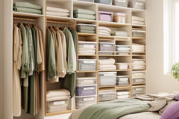 Placar modular con contenedores apilables y ropa categorizada por temporada en un dormitorio luminoso